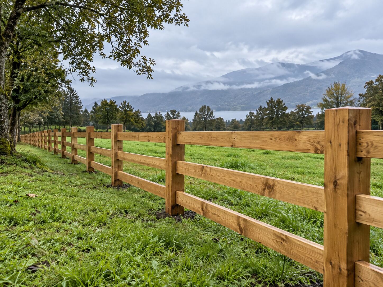 Cerco de madera tipo rail junto a lago y montaña