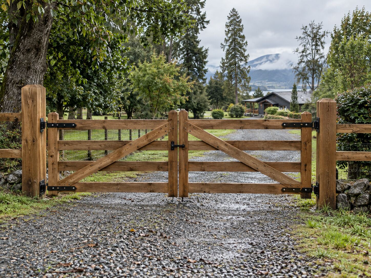 Tranquera de acceso rural con vista a montaña